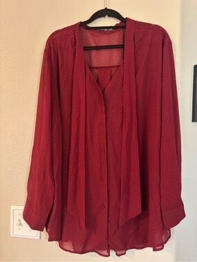 Signature Collection Burgundy Polka Dot Tie Neck Blouse Plus Size 3X